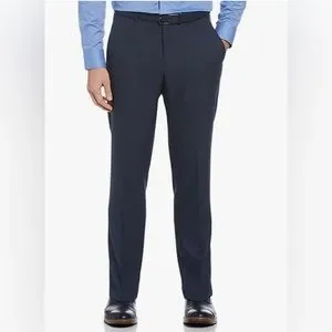 Perry Ellis Men's Modern Fit Flat Front Performance Dress Pants in Dark Sapphire/Blue, Size 38/30 Inseam, 100% Polyester, Solid